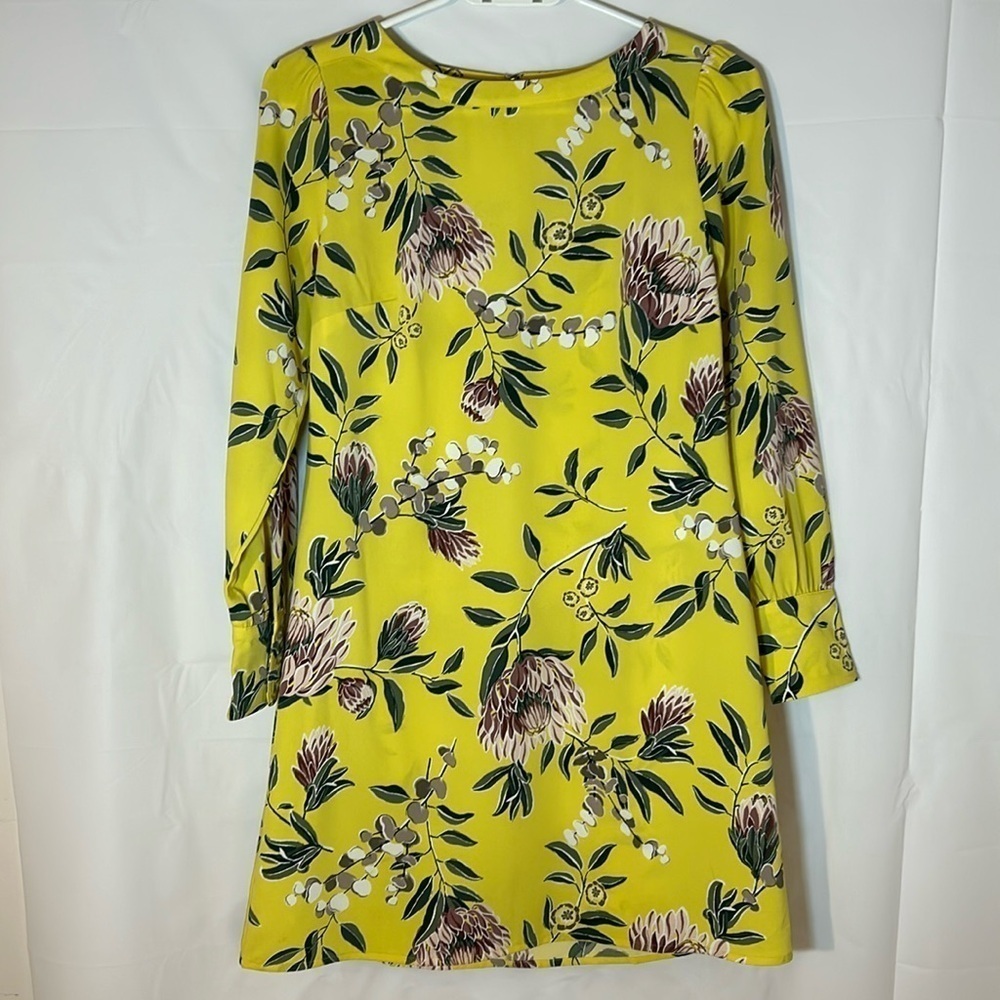 LOFT Petite Yellow Floral Shift Dress Size 4P Boat Neck 3/4 Sleeve Work